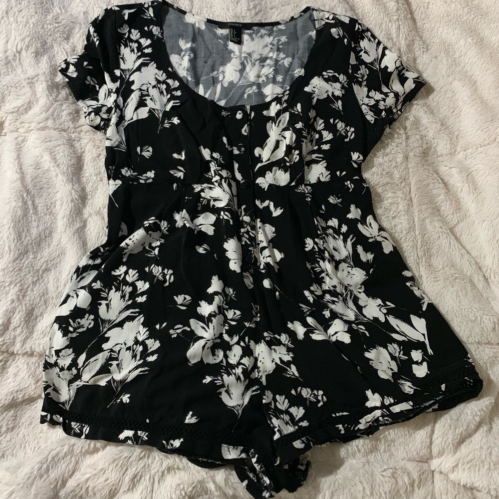F21 Black and White Flowers Button Up Romper